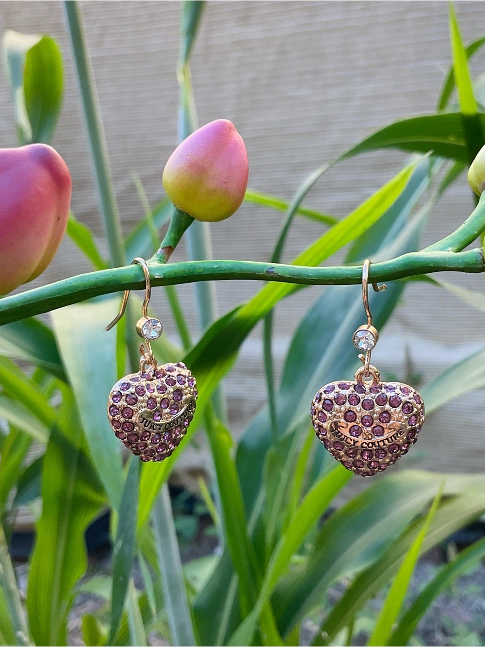 Juicy Couture .• Heart of Gold Studded Pink Pave Stone Charm Dangle Earrings